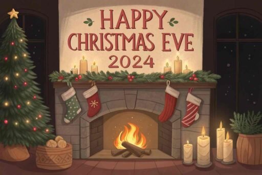 A glowing red "Happy Christmas Eve 2024" above a decorated fireplace.