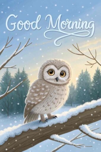 A cute good morning winter image featuring a charming baby owl.