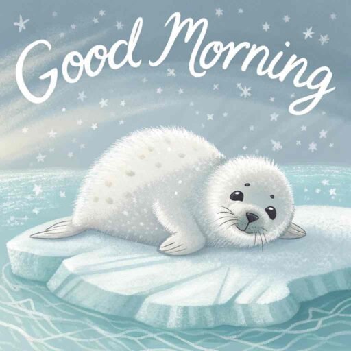 A serene good morning winter image showcasing an adorable baby seal.