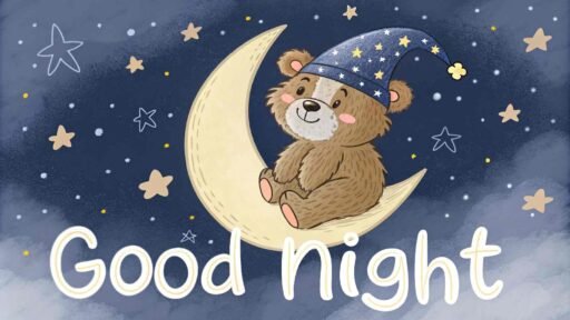 A good night cute image of a bear on the moon, radiating calm and happiness.