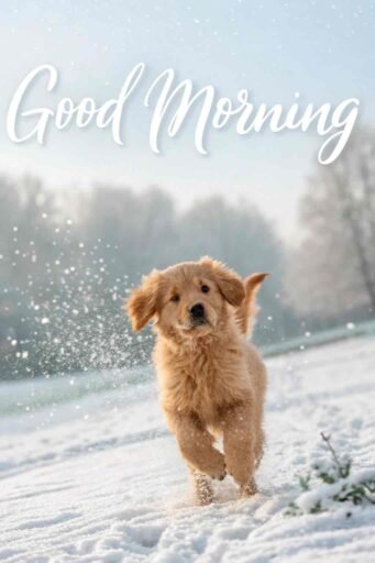 An adorable good morning winter image showing a puppy enjoying the magic of winter.