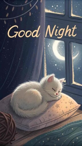 A good night cute image featuring a kitten sleeping peacefully, radiating comfort and tranquility.