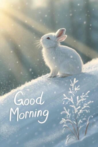 A charming good morning winter image showcasing a cute bunny enjoying the winter morning.