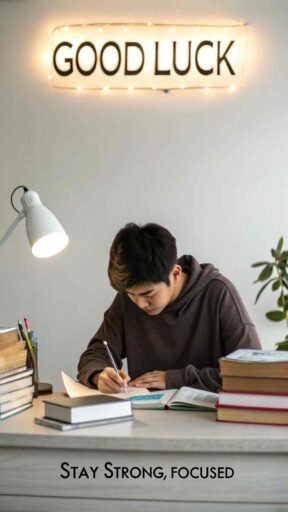 A calm, focused good luck image for exams that reminds students that success comes from concentration and hard work.