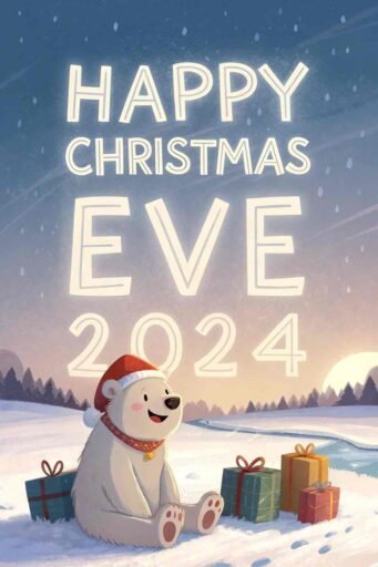 A polar bear with glowing white "Happy Christmas Eve 2024" text in a snowy field.