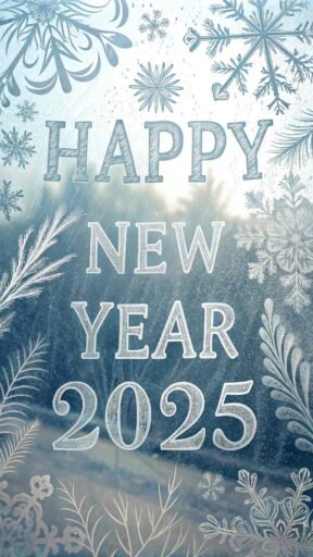 A "happy new year 2025 pic" with frosted glass and bold icy text.