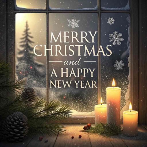 A serene image of Merry Christmas and a Happy New Year viewed through a snowy window, glowing with candlelight and holiday warmth.