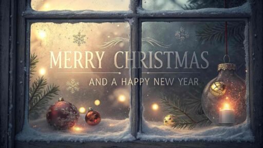 A cozy image of Merry Christmas and a Happy New Year seen through a frosted window with holiday decorations.
