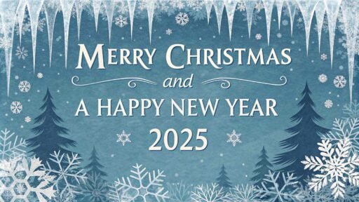 A frosty "merry christmas and happy new year 2025 image" featuring icicles, snowflakes, and bold white text