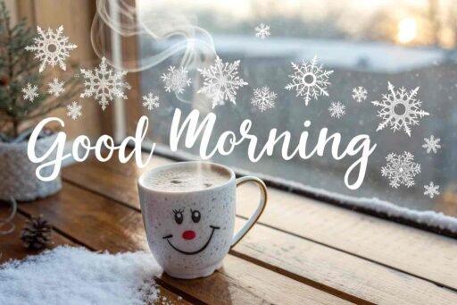 A playful good morning winter image featuring a happy frosty mug.