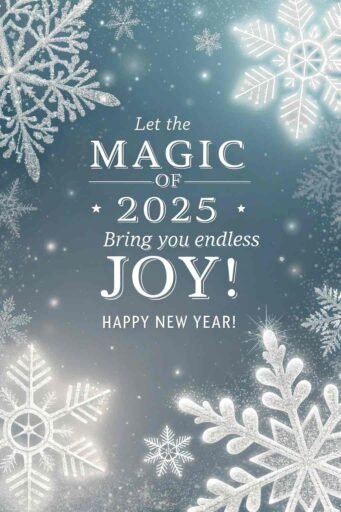A happy new year 2025 wish image with quote featuring frosty snowflakes and a magical greeting.