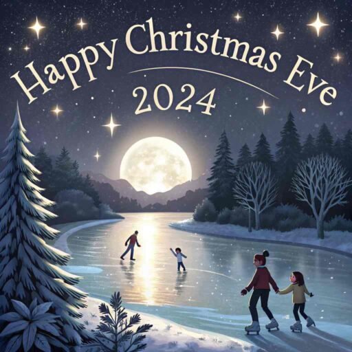 A glowing white "Happy Christmas Eve 2024" over a frozen lake with skaters.