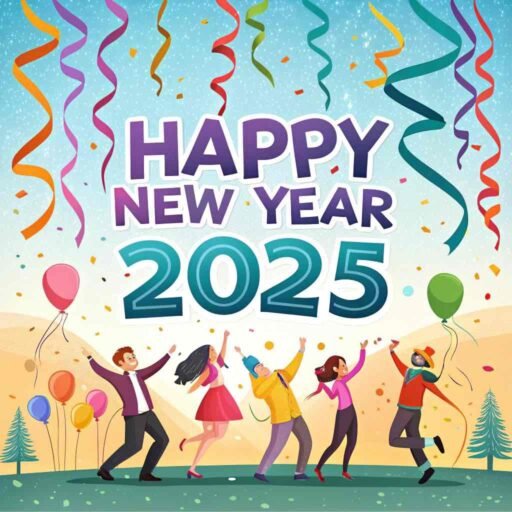 This lively "happy new year 2025 image for download" features bold text surrounded by colorful streamers and a joyful design.