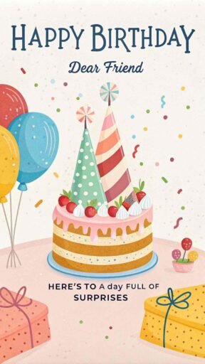 Bring the party to life with images of happy birthday dear friend, featuring colorful party hats and lots of joy.