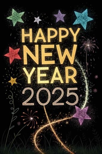 Shine with this "happy new year 2025 image for download," featuring bold text and a glittering starry scene.