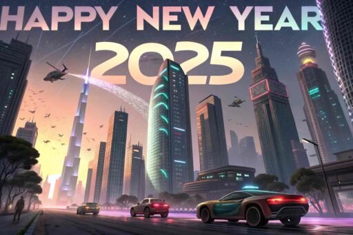 Picture of happy new year 2025 with a futuristic city and bold, glowing text.