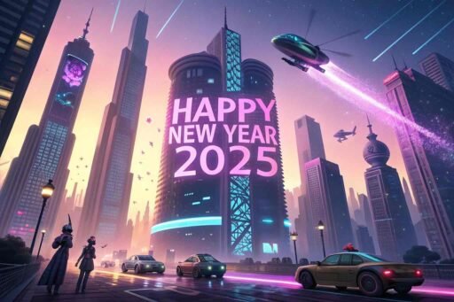 A "happy new year 2025 pic" featuring a futuristic city with glowing text.