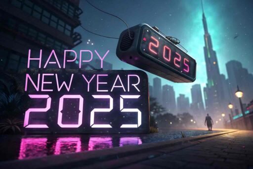 A tech-themed "happy new years eve 2025 image" featuring a digital clock and bold "HAPPY NEW YEAR 2025" text.