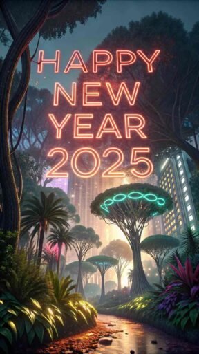 A futuristic "happy new years eve 2025 image" with a neon jungle and large "HAPPY NEW YEAR 2025" text in vibrant hues.