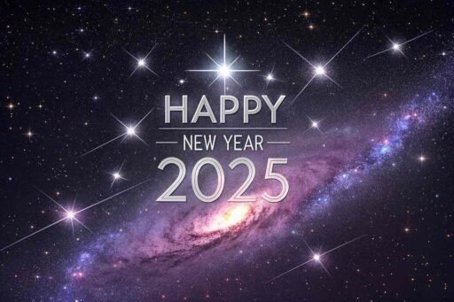 Picture of happy new year 2025 with a celestial theme and radiant bold text.