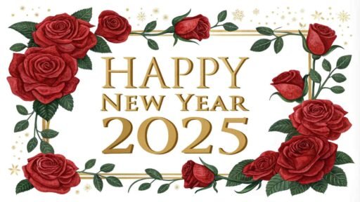 A "happy new year 2025 pic" featuring a rose garland with beautiful golden text.