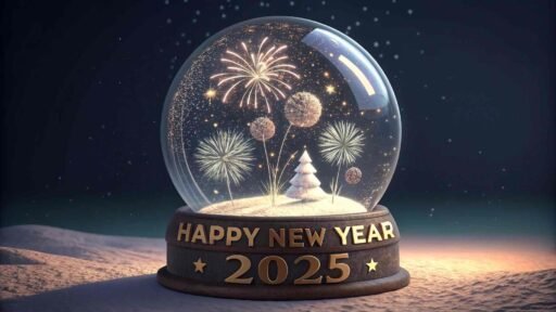 A "happy new year 2025 pic" with a festive fireworks snow globe and bold celebratory text.