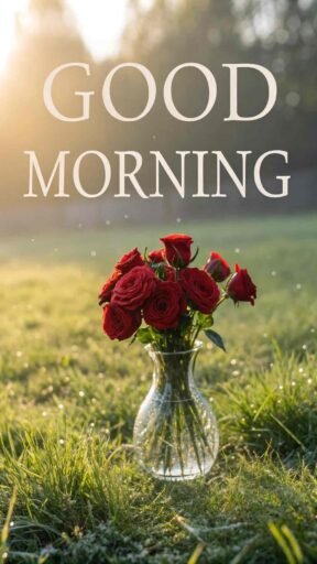 A simple yet elegant good morning image for love, featuring a vase of red roses placed on dewy grass in soft sunlight.
