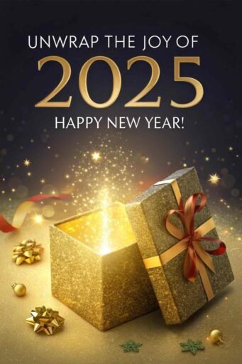A happy new year 2025 wish image with quote featuring a golden gift box and a celebratory message.