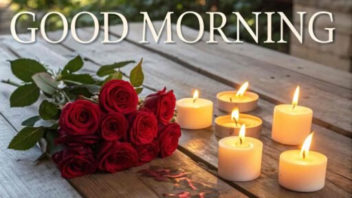 A dreamy good morning image for love, with candles glowing around a bouquet of red roses in soft morning light.