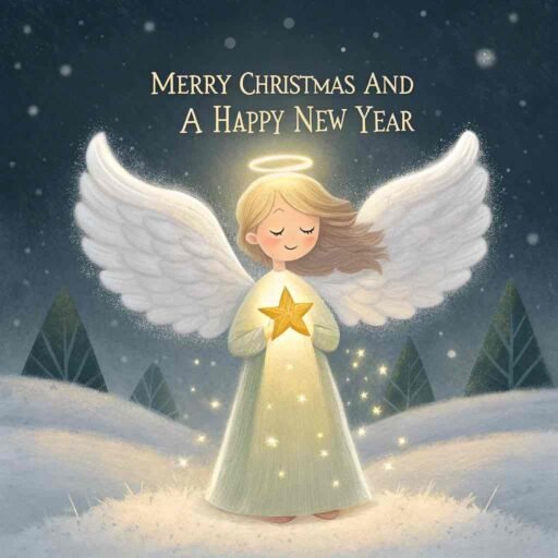 A divine merry christmas and a happy new year image of a Christmas angel with the message "Merry Christmas and A Happy New Year" shining brightly.