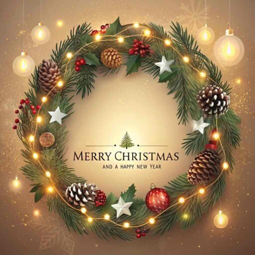 A picture of merry christmas and happy new year with a glowing garland. "Merry Christmas and A Happy New Year" is clearly written in bold letters.