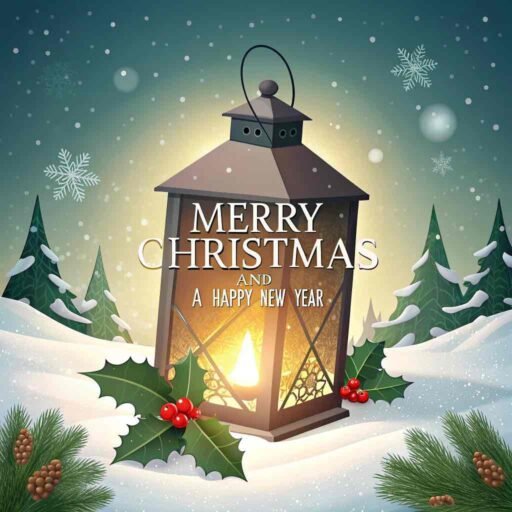 A warm "merry christmas and a happy new year pic" with glowing white text in a cozy lantern scene.