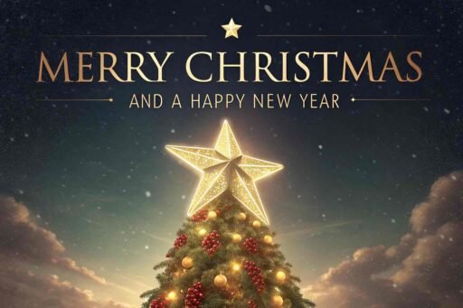 A radiant "merry christmas and a happy new year pic" featuring a glowing star and golden text above a lit Christmas tree.