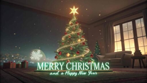 A festive "merry christmas and a happy new year pic" with glowing green text under a beautifully lit Christmas tree.