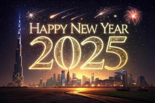 Picture of happy new year 2025 with shimmering city lights and bold text.