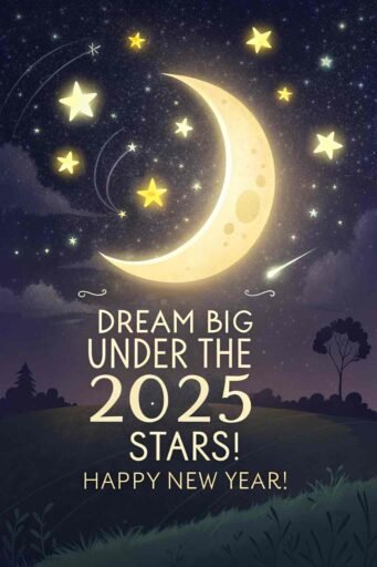A happy new year 2025 wish image with quote showcasing a dreamy moonlit sky and an uplifting greeting.