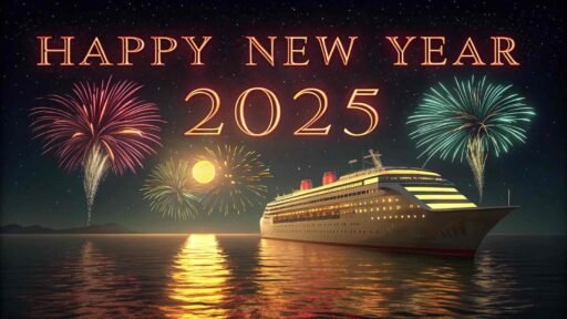 Picture of happy new year 2025 with a sea celebration and radiant bold text.