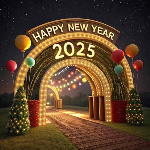 Picture of happy new year 2025 with a magical archway and bold golden text.