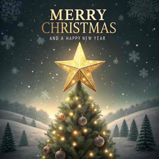 A festive merry christmas and a happy new year image with a sparkling star atop the tree and the message "Merry Christmas and A Happy New Year" shining brightly.