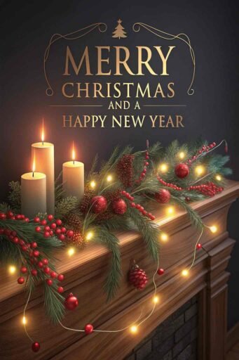 A peaceful image of Merry Christmas and a Happy New Year with glowing candles and a festive holiday garland.