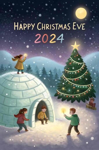 A festive igloo with colorful glowing "Happy Christmas Eve 2024" text above.