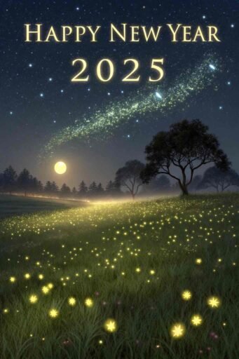 A dreamy "happy new years eve 2025 image" with fireflies and bold "HAPPY NEW YEAR 2025" text shining brightly.