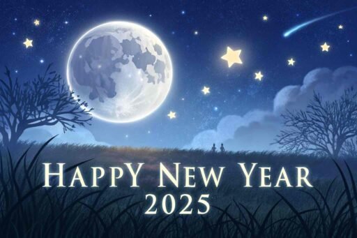 A magical midnight-themed happy new year 2025 free image with glowing bold text.