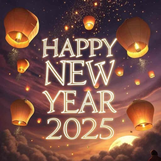 Light up the new year with this serene "happy new year 2025 image for free," featuring lanterns and glowing text.