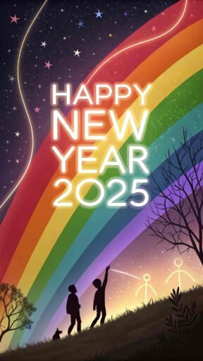 A "happy new year 2025 pic" with a bold rainbow backdrop and glowing white text.