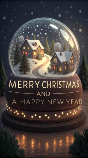 A magical image of Merry Christmas and a Happy New Year with a glowing snow globe featuring a holiday village inside.