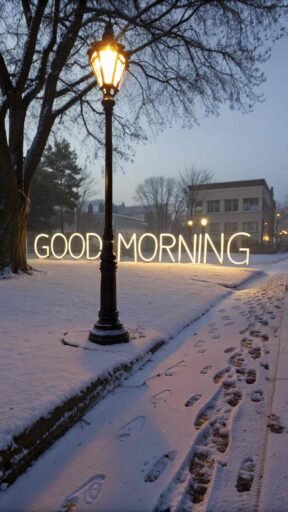 A magical good morning winter image showing a snow-covered street lamp.