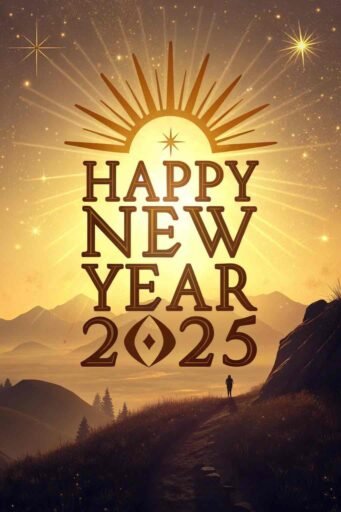A sunburst-themed happy new year 2025 free image with big, radiant text.