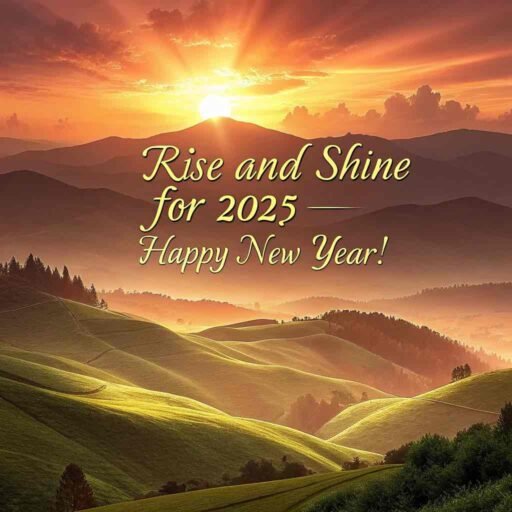 A happy new year 2025 wish image with quote featuring a radiant sunrise and an uplifting greeting.