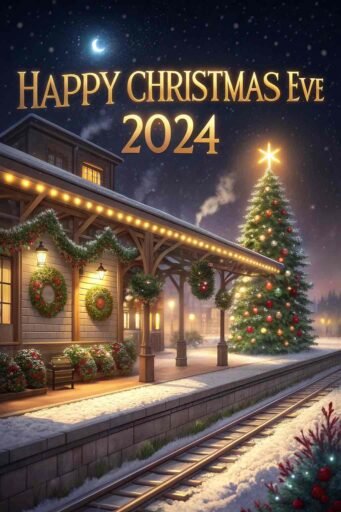 A festive train station under glowing golden "Happy Christmas Eve 2024" text.